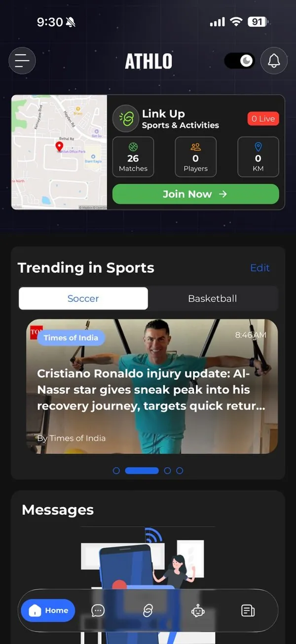Athlo app home screen with local sports and live match information